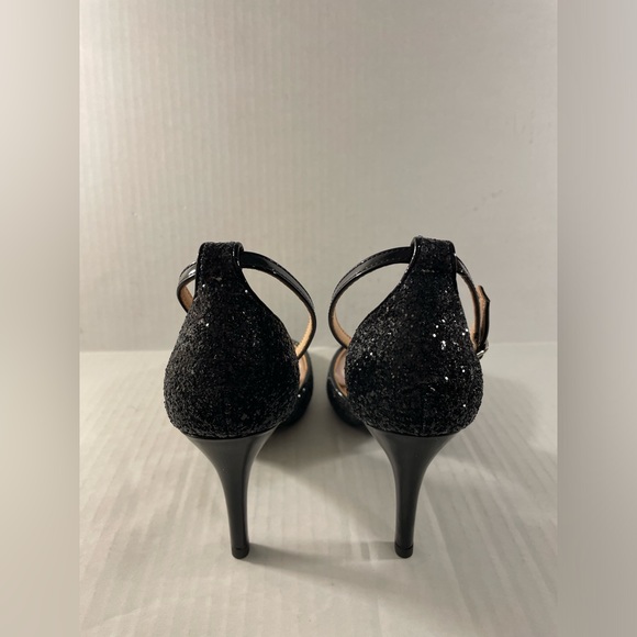 RIBONGZ Women's Black Sparkly High Heels Ankle Strap Shoes, Size 8 - Picture 2 of 5